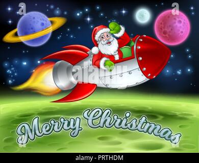 Santa nello spazio Rocket Merry Christmas Cartoon Illustrazione Vettoriale