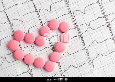 Pillole a forma di cuore sulla carta cardiogram, vista aerea, laici piatta Foto Stock