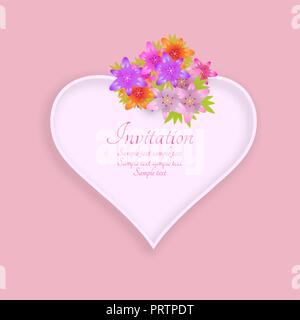 Cornice originale in forma di cuore con un bouquet di fiori di gigli. Una illustrazione di vettore per i biglietti di invito, banner, modelli e altri purp Illustrazione Vettoriale