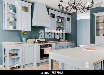 La luce interiore di stile con tavola rotonda, sedie bianche e funzionale  cucina aperta Foto stock - Alamy