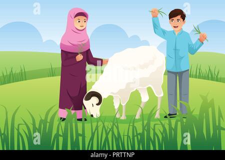 Una illustrazione vettoriale del giovane musulmano con loro capra Illustrazione Vettoriale