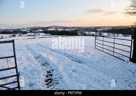 In tutto il Regno Unito - campi coperti di neve in inverno - Top of the Lane, Chorley Foto Stock