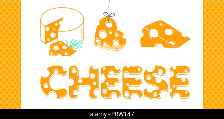 Fette di formaggio e l'iscrizione del formaggio in un piatto di stile. Set di icone di formaggio Illustrazione Vettoriale