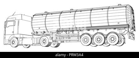 Cisterna di benzina, olio rimorchio, carrello su autostrada. Molto rapidamente la guida. Creato illustrazione di 3d. Filo-telaio Illustrazione Vettoriale