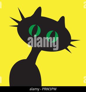 Cartoon nero gatto con gli occhi verdi su giallo Illustrazione Vettoriale