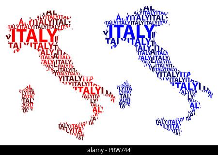 Schizzo Italia (Italiano o penisola Appenninica) testo lettera mappa, Repubblica italiana - nella forma del continente, mappa Italia - rosso e blu illust vettore Illustrazione Vettoriale