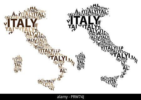 Schizzo Italia (Italiano o penisola Appenninica) testo lettera mappa, Repubblica italiana - nella forma del continente, mappa Italia - marrone e nero mal di vettore Illustrazione Vettoriale