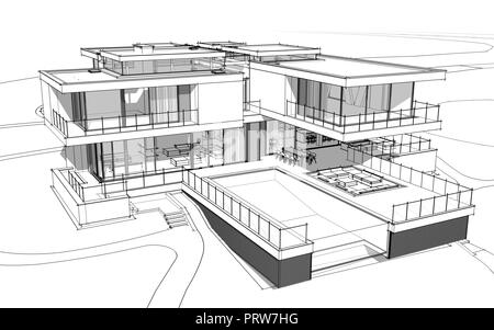 3D rendering schizzo della moderna casa accogliente dal fiume con garage in vendita o in affitto. Linea nera sketch con luce tenue ombre su sfondo bianco. Foto Stock