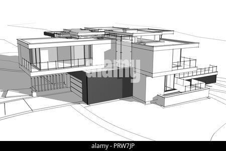 3D rendering schizzo della moderna casa accogliente dal fiume con garage in vendita o in affitto. Linea nera sketch con luce tenue ombre su sfondo bianco. Foto Stock
