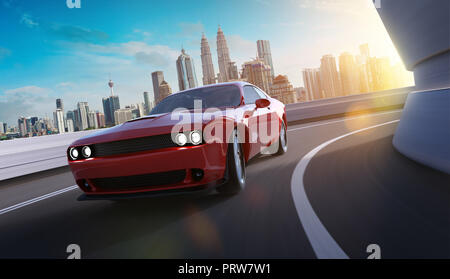 Vista anteriore angolare di un generico red brandless American muscle car in una città strada con motion blur . Il concetto di trasporto . Il rendering 3D . Mixe Foto Stock