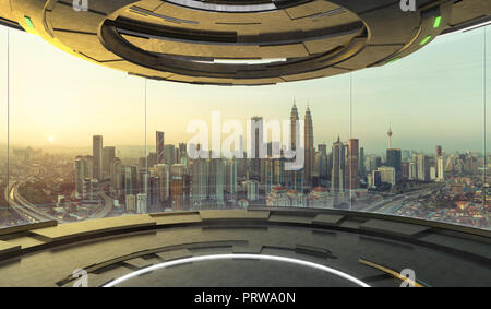 Il futuristico design interno spazio vuoto camera con grandi finestre e città paesaggio urbano . 3d illustrazione rendering . Mixed media . Foto Stock