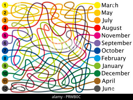 Dodici mesi dell'anno il labirinto. Collegare le linee colorate, trovare il giusto modo attraverso l'intricato labirinto colorato da una estremità all'altra. Foto Stock