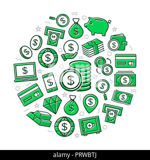 Denaro le icone colorate nel cerchio di design. Illustrazione per presentazioni su sfondo bianco Foto Stock