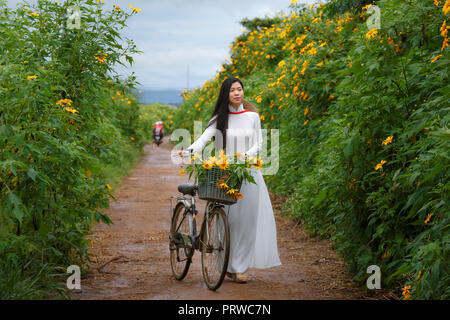 Giovane ragazza camminare sul sentiero di campagna tra i cespugli di girasole selvatico fiorisce in giallo, scena colorati Foto Stock