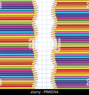 Vettore di telaio di frontiera fatta di righe verticali colorate matite in legno sulla rappresentazione grafica di sfondo della carta. Si torna a scuola ambito confinante con concetto di modello, ba Illustrazione Vettoriale
