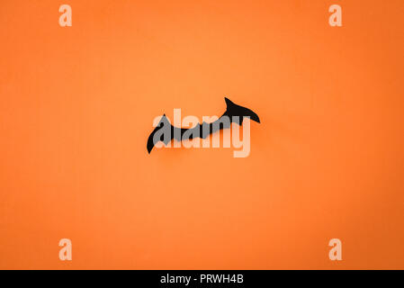 Flying carta nera pipistrelli su sfondo arancione. Halloween. Spazio di testo Foto Stock