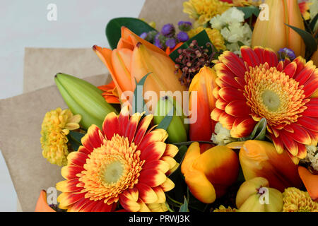 Un mazzo di fiori di close-up. Rosso, giallo, arancio e fiori lilla sono raccolti in un mazzo di fiori. Foto Stock