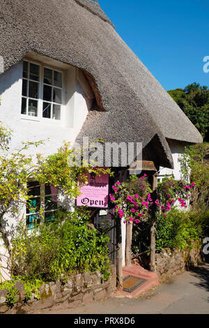 Tradizionale tè inglese camera nell'antico villaggio di paglia di Cockington, Devon, Inghilterra. Foto Stock