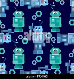 Coloratissimi robot cartoon sfondo bianco modello senza giunture Illustrazione Vettoriale