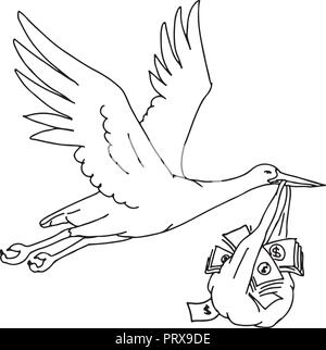 Disegno stile di disegno illustrativo di una cicogna, gru, heron o ibis, un grande, lunghe gambe, a collo lungo trampolieri con lunghi, Bill Stout che trasportano o de Illustrazione Vettoriale