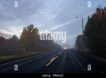 Un autunno di nebbia di mattina sulla strada in Finlandia Foto Stock