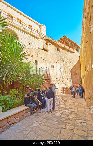 Santa Caterina, Egitto - 25 dicembre 2017: il cortile stretto in God-Trodden Monte Sinai (St Catherine) Monastero lussureggiante con letto di fiori e pareti alte, Foto Stock