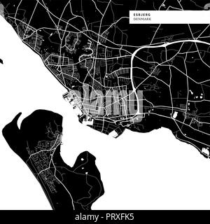 Mappa Area di Esbjerg, Danimarca con tipici monumenti urbani come edifici, strade, vie navigabili e ferrovie nonché piccole strade e sentieri del parco. Ri Illustrazione Vettoriale