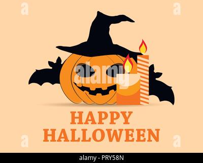Happy Halloween Ottobre 31st. Messaggio di saluto festivo card con zucche, pipistrelli e candele. Simboli di festa. Illustrazione Vettoriale Illustrazione Vettoriale