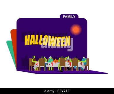 Zombie cena di famiglia carta tecnica carving. Un grande tavolo. Parenti di Halloween celebrazione. Il padre e la madre. Nonna e nonno. Parenti festa Illustrazione Vettoriale