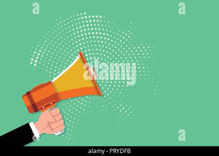 Design piatto business illustrazione vettoriale concetto vuoto copia modello spazio coupon poster materiale promozionale. Maschio a mano umana tenendo la presa di me Illustrazione Vettoriale