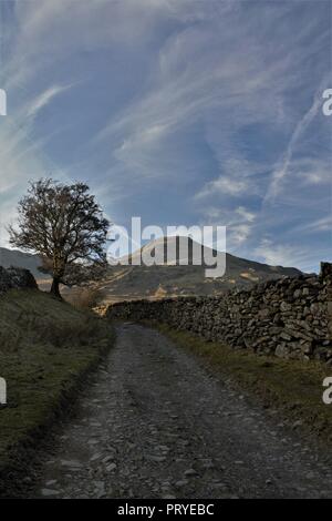 Vista in direzione di Coniston Old Man da Torver vicino a Coniston nel Lake District inglese Cumbria Regno Unito. Foto Stock