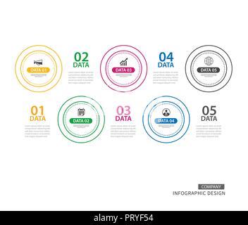 Cerchio Infographics linea sottile con 5 modello di dati. Illustrazione Vettoriale sfondo astratto. Può essere utilizzato per il layout di flusso di lavoro, business step, brochure, Illustrazione Vettoriale