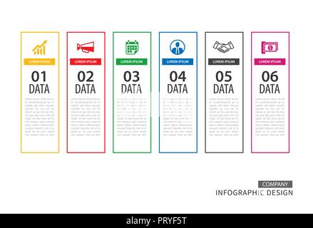 Scheda Infographics in sottile riga verticale con indice 6 modello di dati. Illustrazione Vettoriale sfondo astratto. Può essere utilizzato per il layout di flusso di lavoro, business Illustrazione Vettoriale