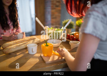 Close-up di amici di sesso femminile la preparazione della cena insieme Foto Stock