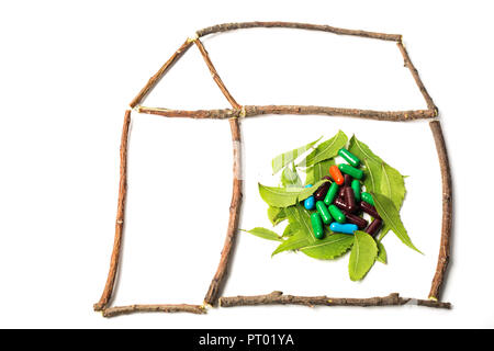 Home forma di neem legno con foglie di neem e colorato compresse alle erbe in centro. Isolato su sfondo bianco. Foto Stock