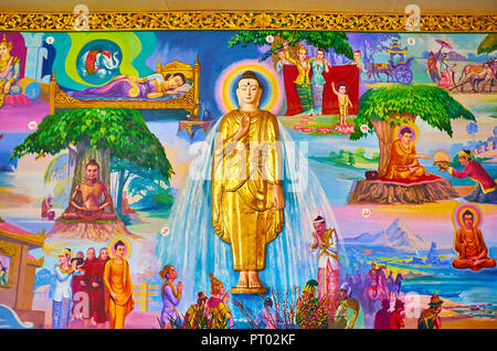 YANGON, MYANMAR - Febbraio 27, 2018: la colorata raffigurazione del Buddha la vita su th ewall di Chaukhtatgyi Tempio del Buddha, il 27 febbraio a Yangon. Foto Stock