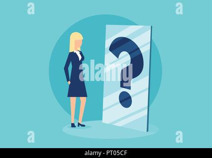 Cartoon imprenditrice in piedi di fronte a specchio con punto interrogativo nella confusione di carattere personale Illustrazione Vettoriale