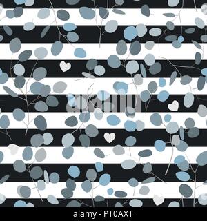 Rami di eucalipto con blu e argento lascia seamless pattern. Vettore illustrazione decorativo, sfondo a strisce Illustrazione Vettoriale