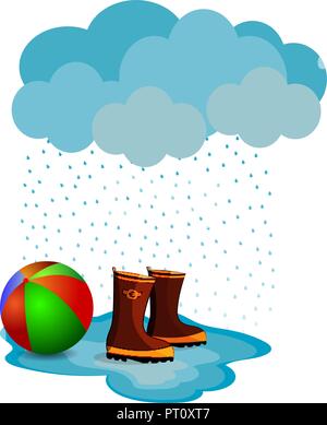 Stivali di gomma e un pallone gonfiabile giacciono su una pozzanghera sotto la pioggia Illustrazione Vettoriale