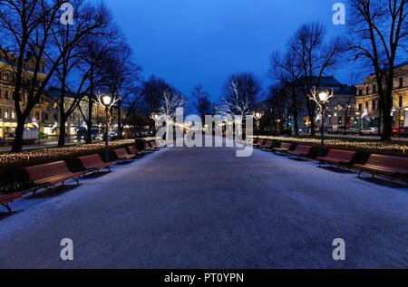 HELSINKI, Finlandia: 15 dicembre 2016:decorazioni di Natale città di Helsinki appena prima del sorgere del sole. Statua di Ludwig Runeberg nel parco Esplanade. Foto Stock