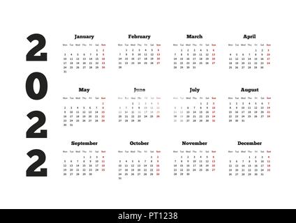 Il calendario del 2022 anno con la settimana a partire da lunedì, A4 foglio orizzontale Illustrazione Vettoriale