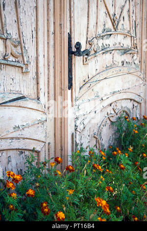 Vecchia porta di legno con un manico decorativo, ricoperta con fiori. Foto Stock