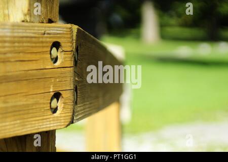 Messa a fuoco selettiva colpo di woodpost in un parco nel pomeriggio, girato in orizzontale Foto Stock