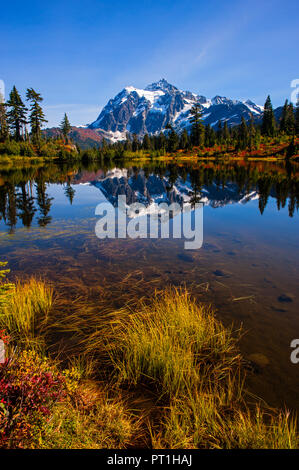 Foto Lago con i colori autunnali e il Monte Shuksan in background si riflette nel lago di montagna dello Stato di Washington STATI UNITI D'AMERICA Foto Stock