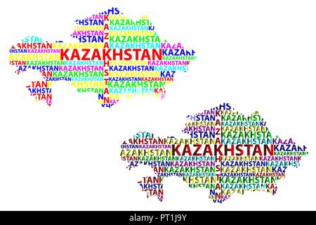 Schizzo Kazakistan testo lettera mappa, Repubblica di Kazakistan - nella forma del continente, Mappa Kazakistan - colore illustrazione vettoriale Illustrazione Vettoriale