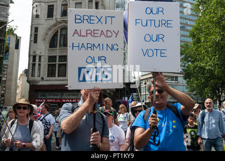 Due uomini sorridenti su Anti-Brexit rally a sostegno del secondo referendum, portando cartelli 'Brexit già di danneggiare la nostra NHS' e 'il nostro futuro il nostro voto" Foto Stock