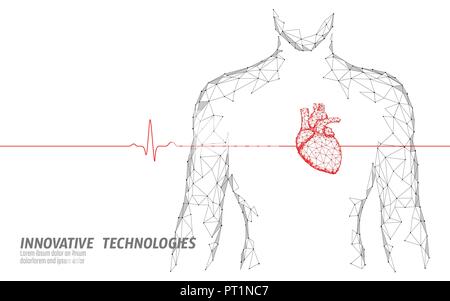 Silhouette uomo sano cuore batte 3d modello di medicina a bassa poli. Triangolo di punti collegati glow punto medico online. Impulso corpo interno moderne tecnologie innovative rendono illustrazione vettoriale Illustrazione Vettoriale