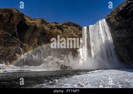 Rainbow sopra la cascata Skogafoss, Skogar, Sud dell'Islanda, Europa Foto Stock