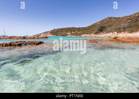 Acqua limpida della spiaggia di Menasina (plage de Menasina), Cargese Corsica, Francia Foto Stock