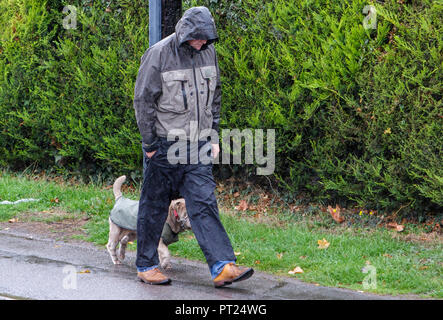 Chippenham, Regno Unito, 6 ottobre 2018. Un uomo a spasso il suo cane è raffigurato sfidando la pioggia pesante in Chippenham come docce a pioggia fanno la loro strada attraverso il sud dell'Inghilterra. Credito: Lynchpics/Alamy Live News Foto Stock